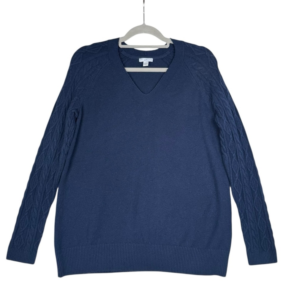J. Jill Sweater Womens Size M Navy Blue V-Neck Cable Knit Long Sleeves Cotton bl
